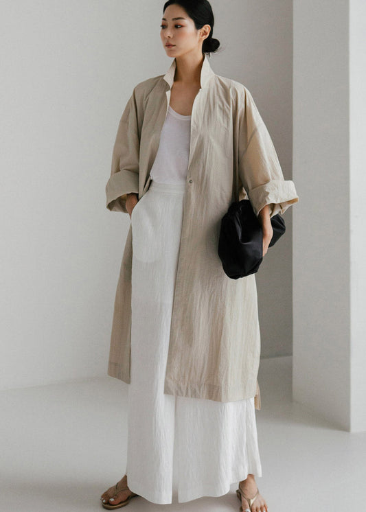 Beige Peter Pan Collar Button Wrinkled Side Open Trench Coats Long Sleeve