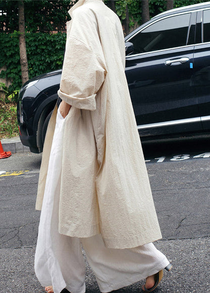Beige Peter Pan Collar Button Wrinkled Side Open Trench Coats Long Sleeve