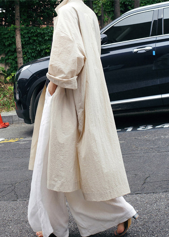 Beige Peter Pan Collar Button Wrinkled Side Open Trench Coats Long Sleeve