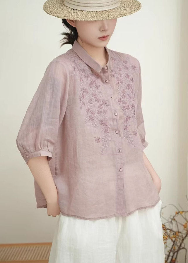 Beige Peter Pan Collar Embroidered Linen Blouses Summer