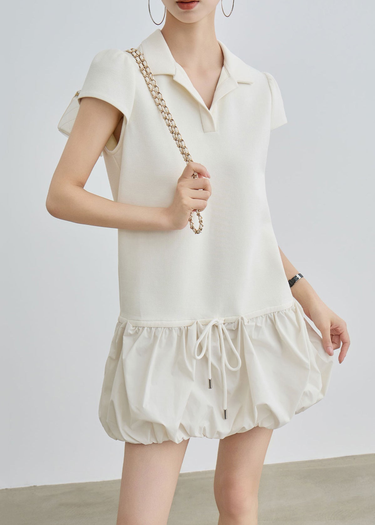 Beige Peter Pan Collar Lace Up Cotton T Shirts Dress Summer