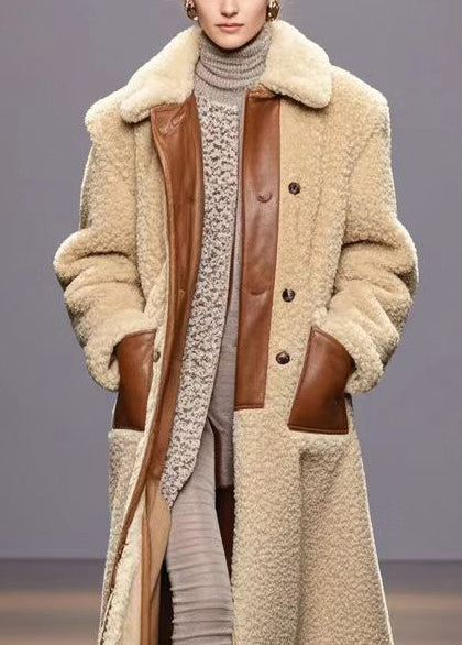 Beige Peter Pan Collar Patchwork Warm Fleece Coats Winter