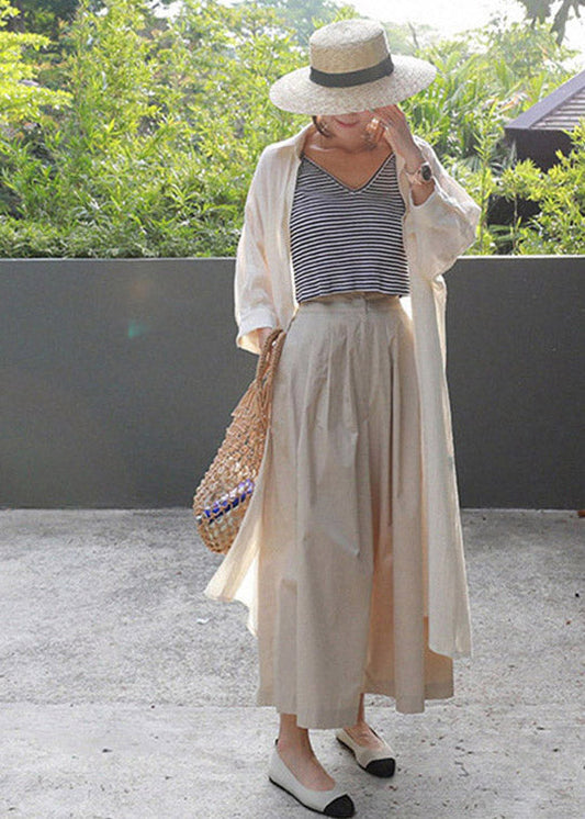 Beige Peter Pan Collar Pockets Button Lengthen Coat Long Sleeve
