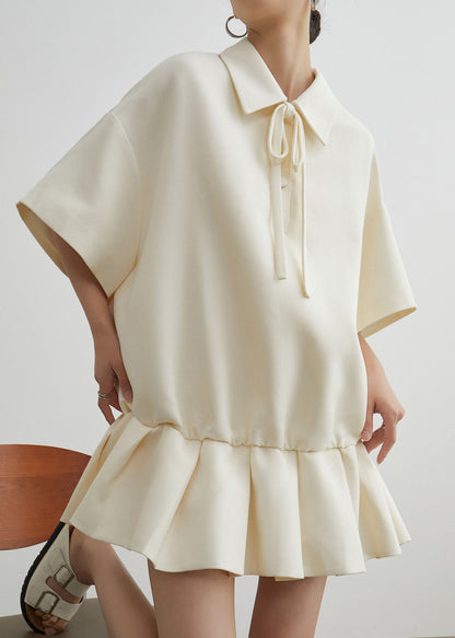 Beige Peter Pan Collar Wrinkled Patchwork Cotton Dress Summer