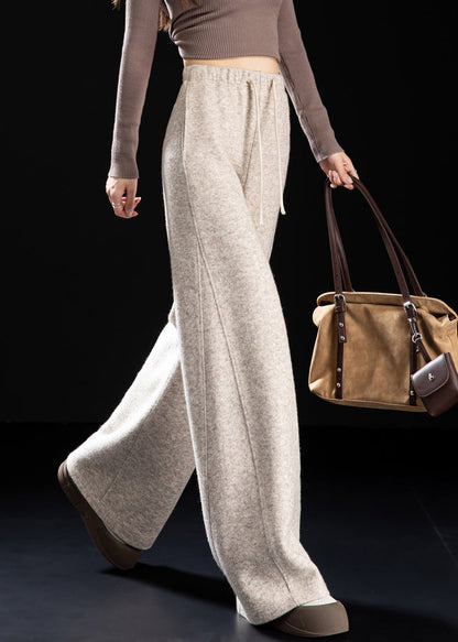 Beige Pockets Drawstring Woolen Pants Spring
