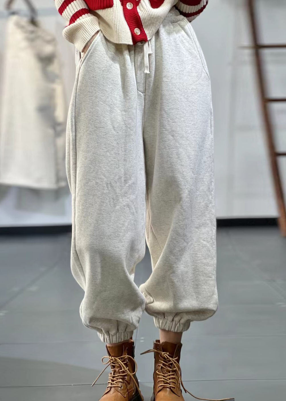 Beige Pockets Elastic Waist Warm Fleece Sport Pants Spring