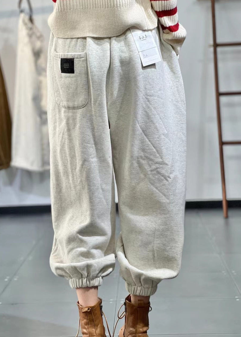 Beige Pockets Elastic Waist Warm Fleece Sport Pants Spring