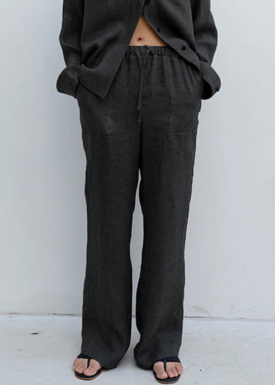 Beige Pockets Lace Up Linen Straight Pants Spring