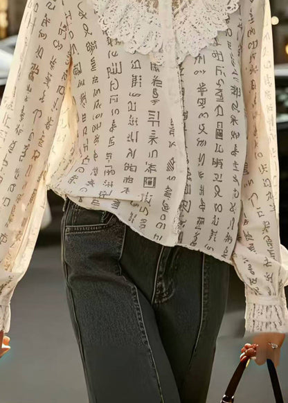 Casual Beige Print Patchwork Lace Hollow Out Shirts Spring