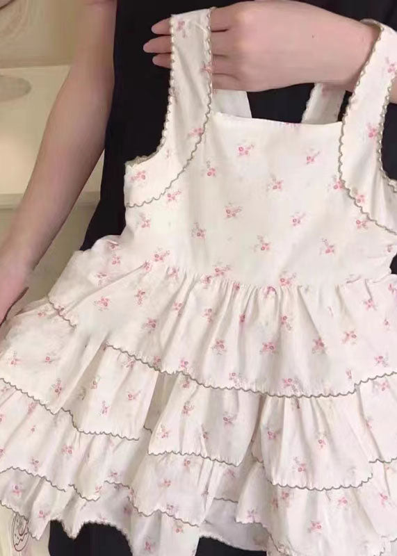 Beige Print Wrinkled Patchwork Cotton Kids Dress Summer
