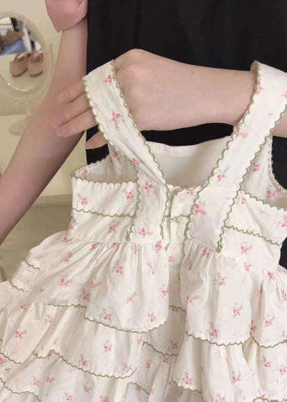 Beige Print Wrinkled Patchwork Cotton Kids Dress Summer