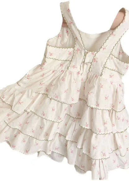 Beige Print Wrinkled Patchwork Cotton Kids Dress Summer