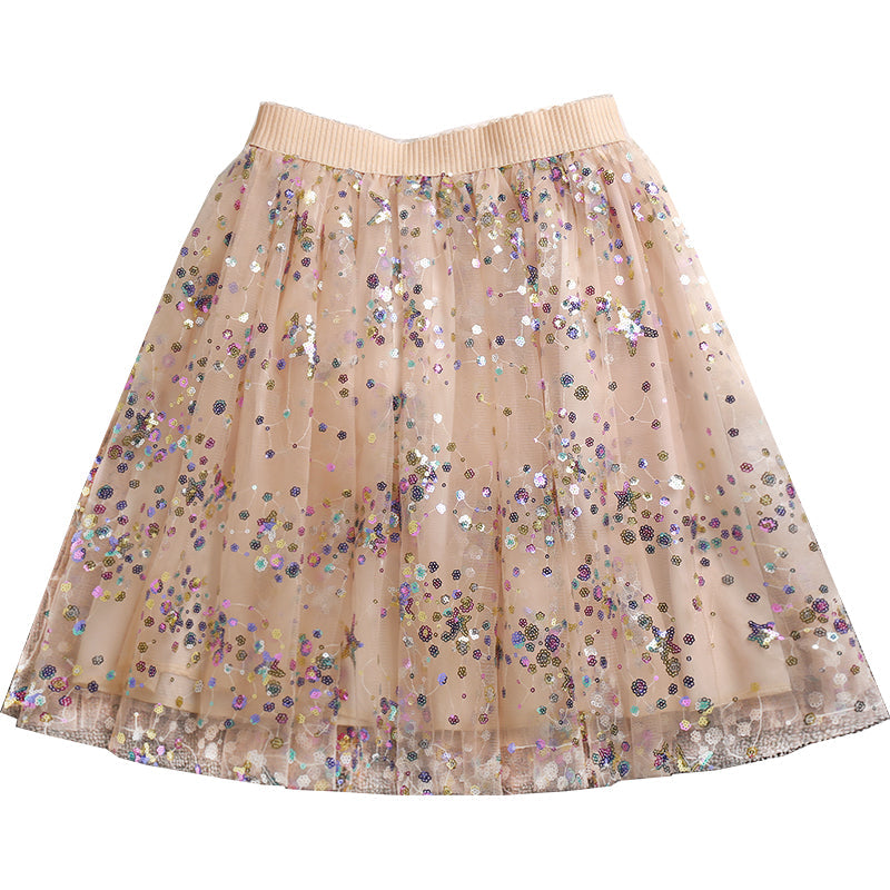 Beige Sequins Tulle Elastic Waist Skirts Summer