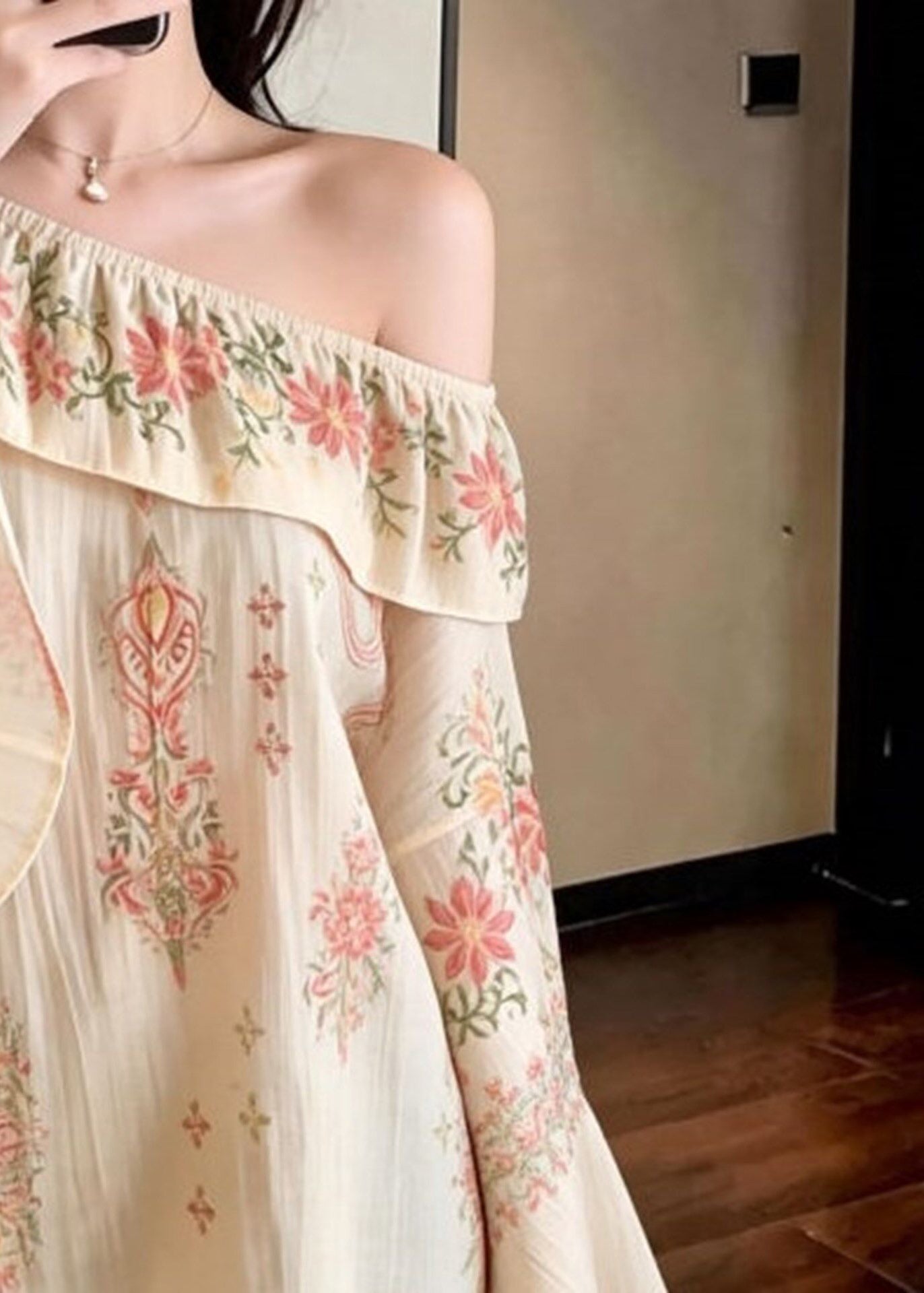 Casual Beige Slash Neck Print Cotton Strapless Blouses Spring