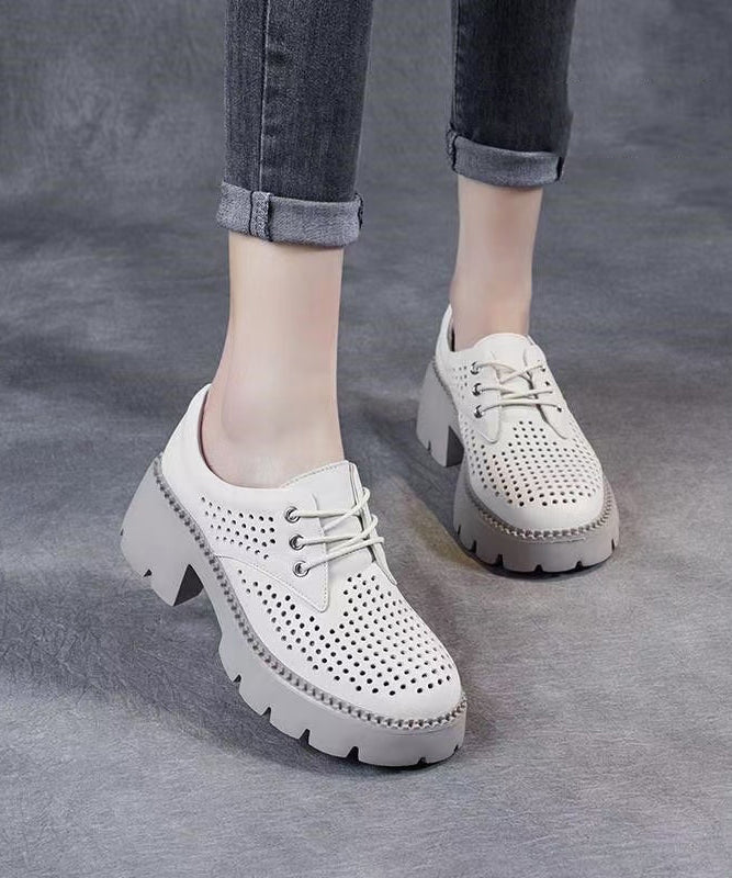 Beige Splicing Chunky Heel Hollow Out Lace Up