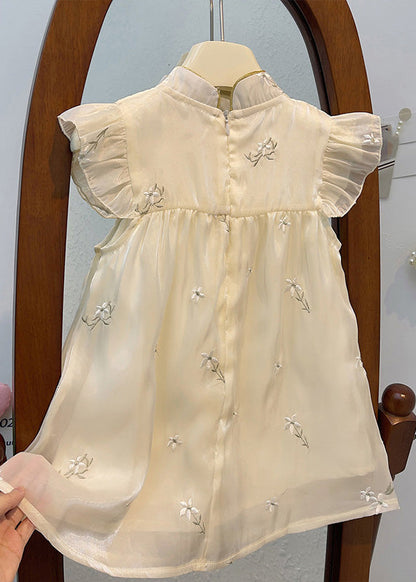 Beige Stand Collar Embroideried Tassel Patchwork Tulle Long Dresses Summer