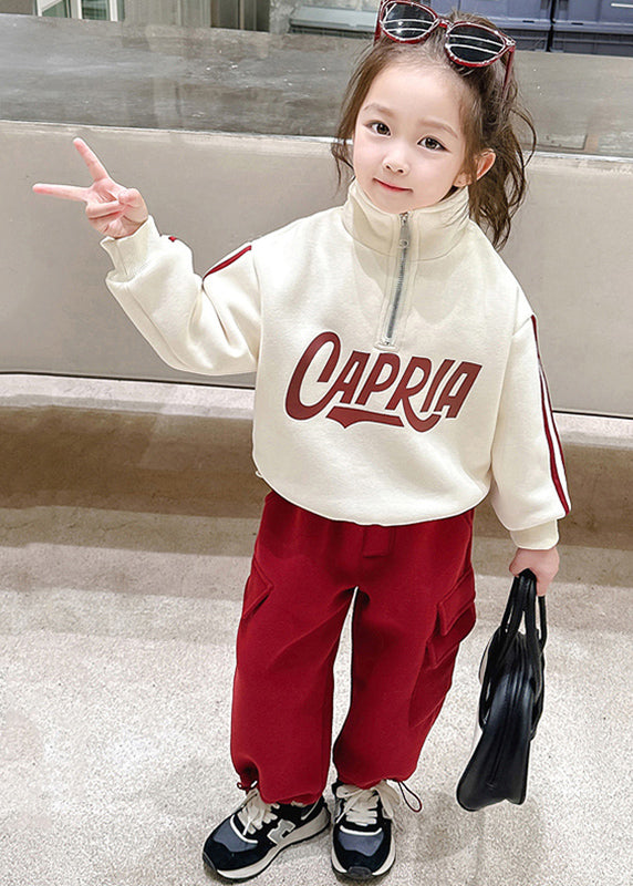 Beige Stand Collar Zippered Warm Fleece Top and Pants Two Piece Set Winter