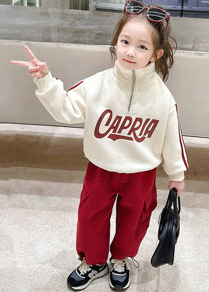 Beige Stand Collar Zippered Warm Fleece Top and Pants Two Piece Set Winter
