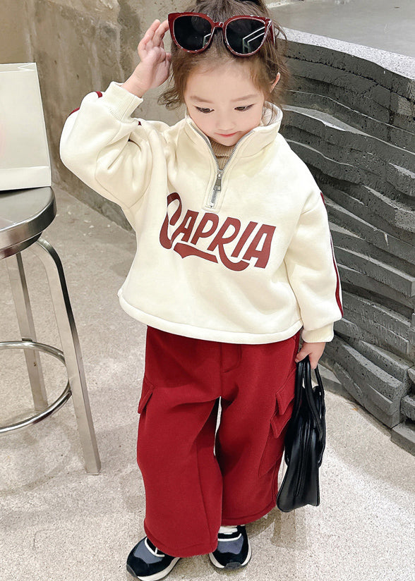 Beige Stand Collar Zippered Warm Fleece Top and Pants Two Piece Set Winter