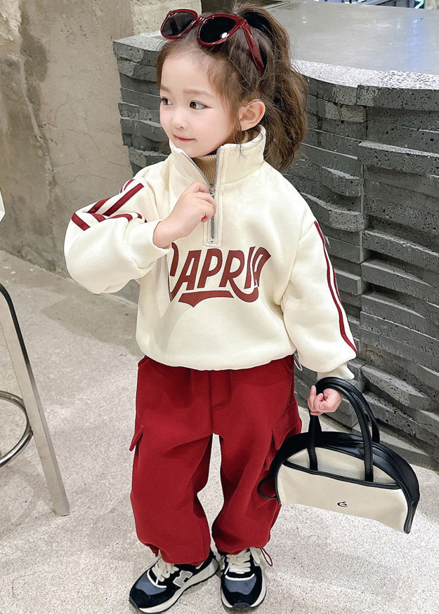 Beige Stand Collar Zippered Warm Fleece Top and Pants Two Piece Set Winter