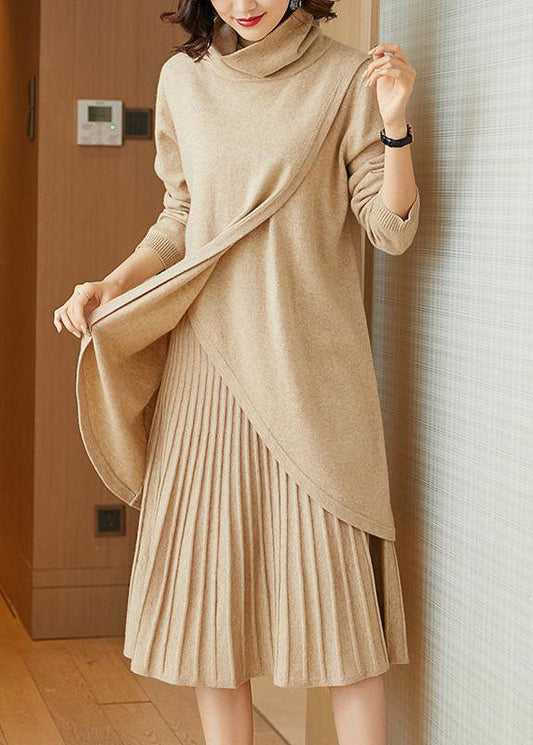 Beige Turtle Neck Asymmetrical Design Knit Two Piece Set Winter