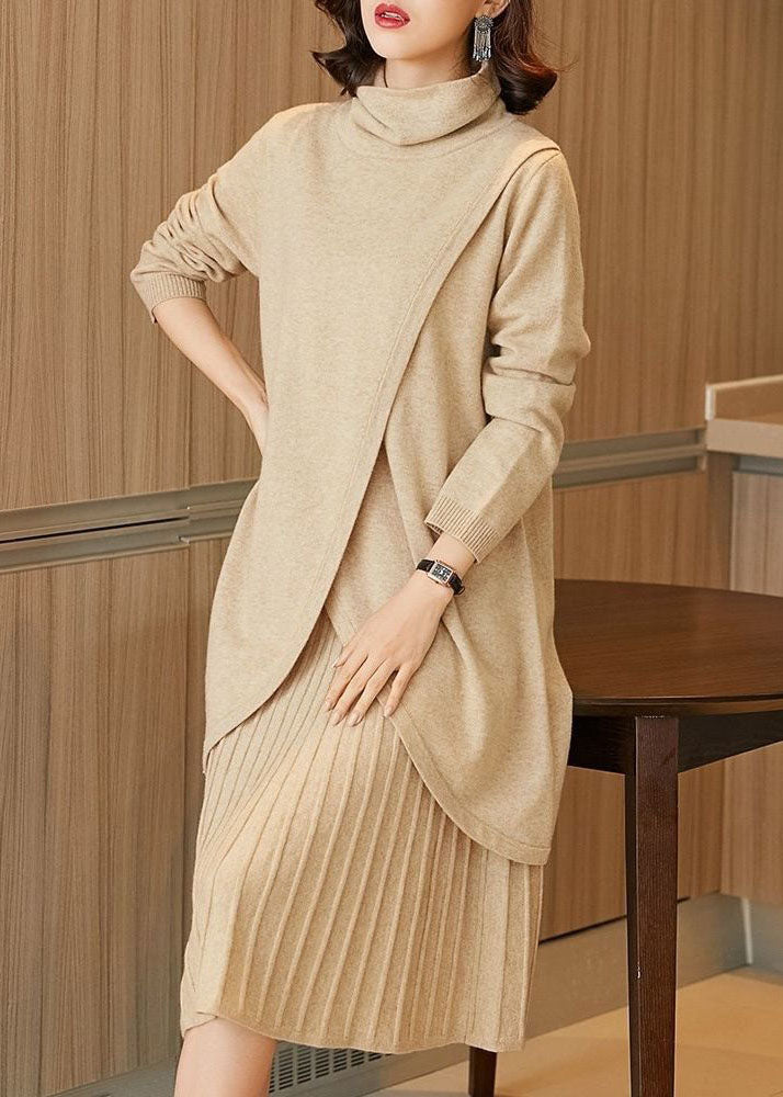 Beige Turtle Neck Asymmetrical Design Knit Two Piece Set Winter