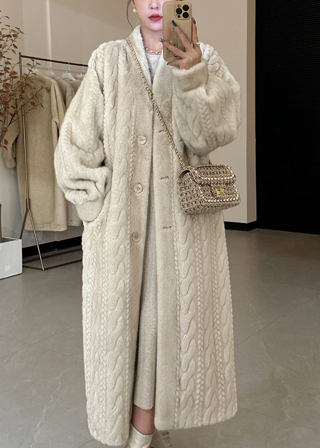 Beige V Neck Button Mink Hair Leather and Fur Long Coats Spring