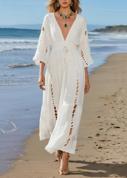 Beige V Neck Hollow Out Cotton Holiday Dresses Spring