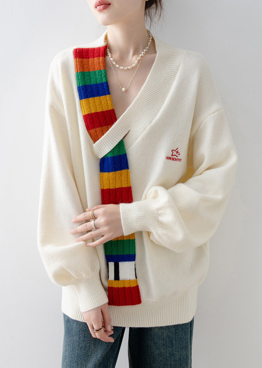 Beige V Neck Patchwork Knitted Sweaters Tops Spring