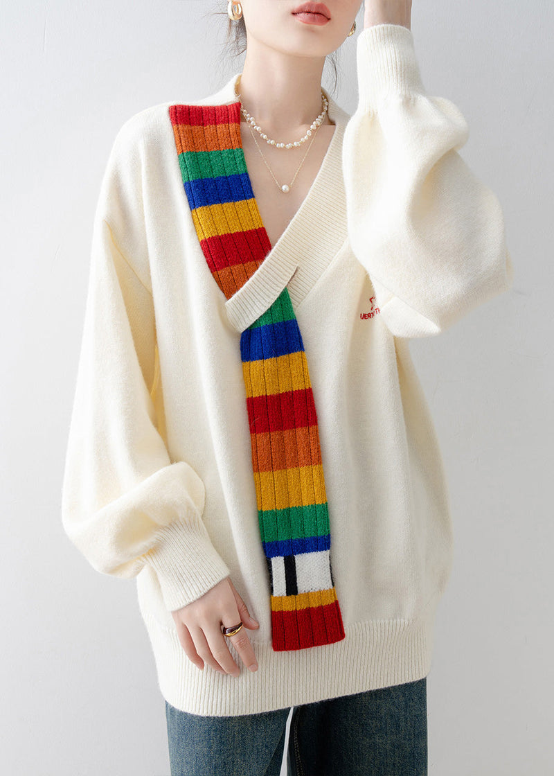 Beige V Neck Patchwork Knitted Sweaters Tops Spring
