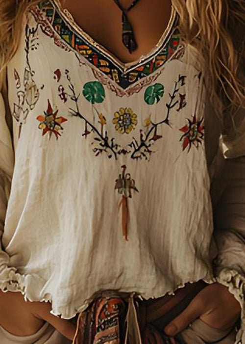 Casual Beige V Neck Print Cotton Top Long Sleeve