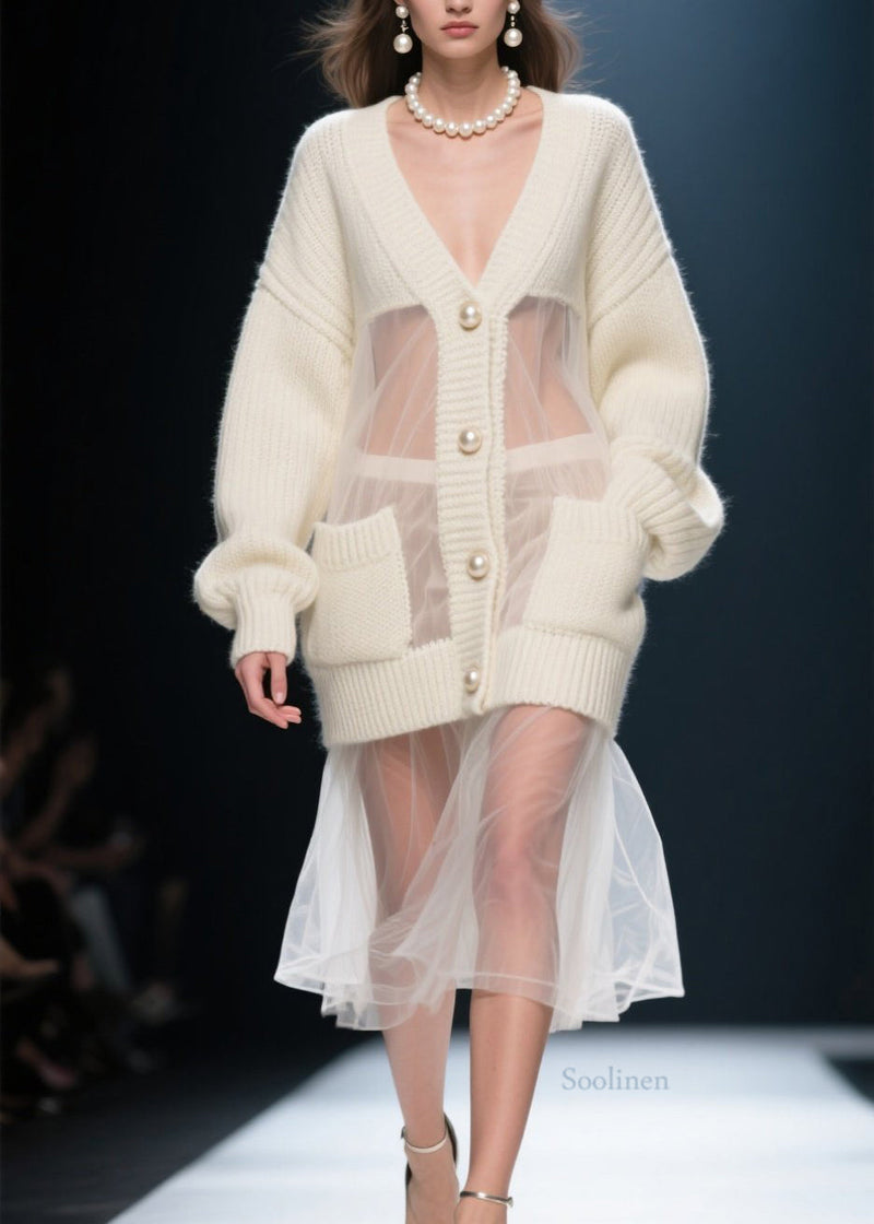 Beige V Neck Tulle Patchwork Knit Cardigans Fall