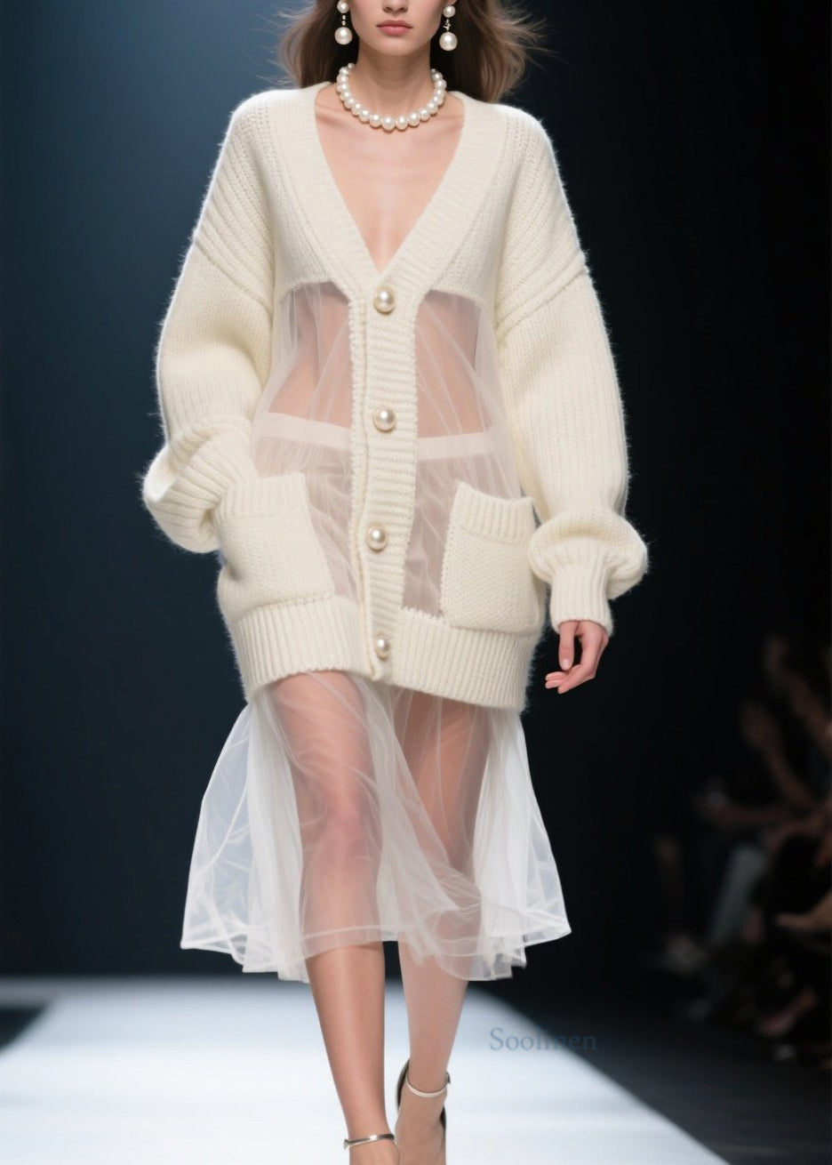 Beige V Neck Tulle Patchwork Knit Cardigans Fall