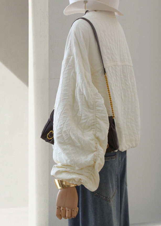 Beige Zip Up Drawstring Loose Cotton Jackets Lantern Sleeve