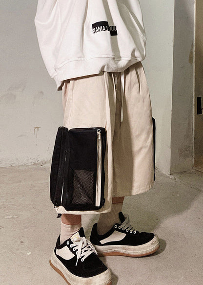 Beige Zip Up Pockets Oversized Cotton Shorts Summer