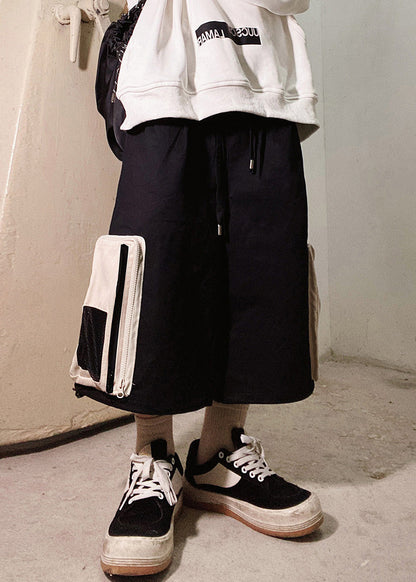 Beige Zip Up Pockets Oversized Cotton Shorts Summer
