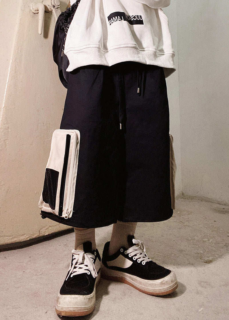 Beige Zip Up Pockets Oversized Cotton Shorts Summer