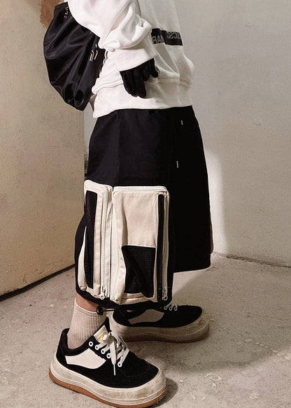 Beige Zip Up Pockets Oversized Cotton Shorts Summer
