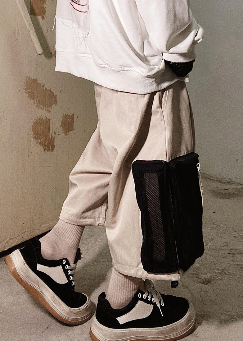 Beige Zip Up Pockets Oversized Cotton Shorts Summer