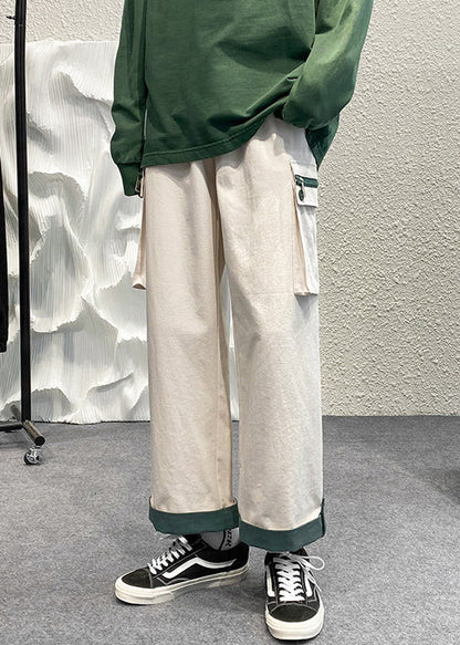 Beige Zip Up Pockets Patchwork Cotton Crop Pants Summer