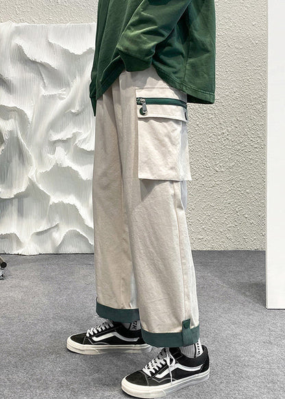 Beige Zip Up Pockets Patchwork Cotton Crop Pants Summer