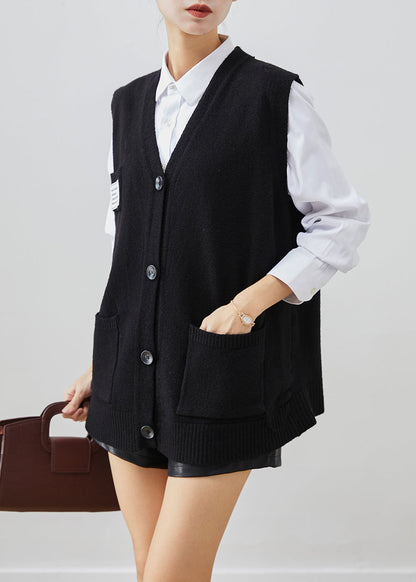 Black Applique Thick Knit Vest Tops Fall