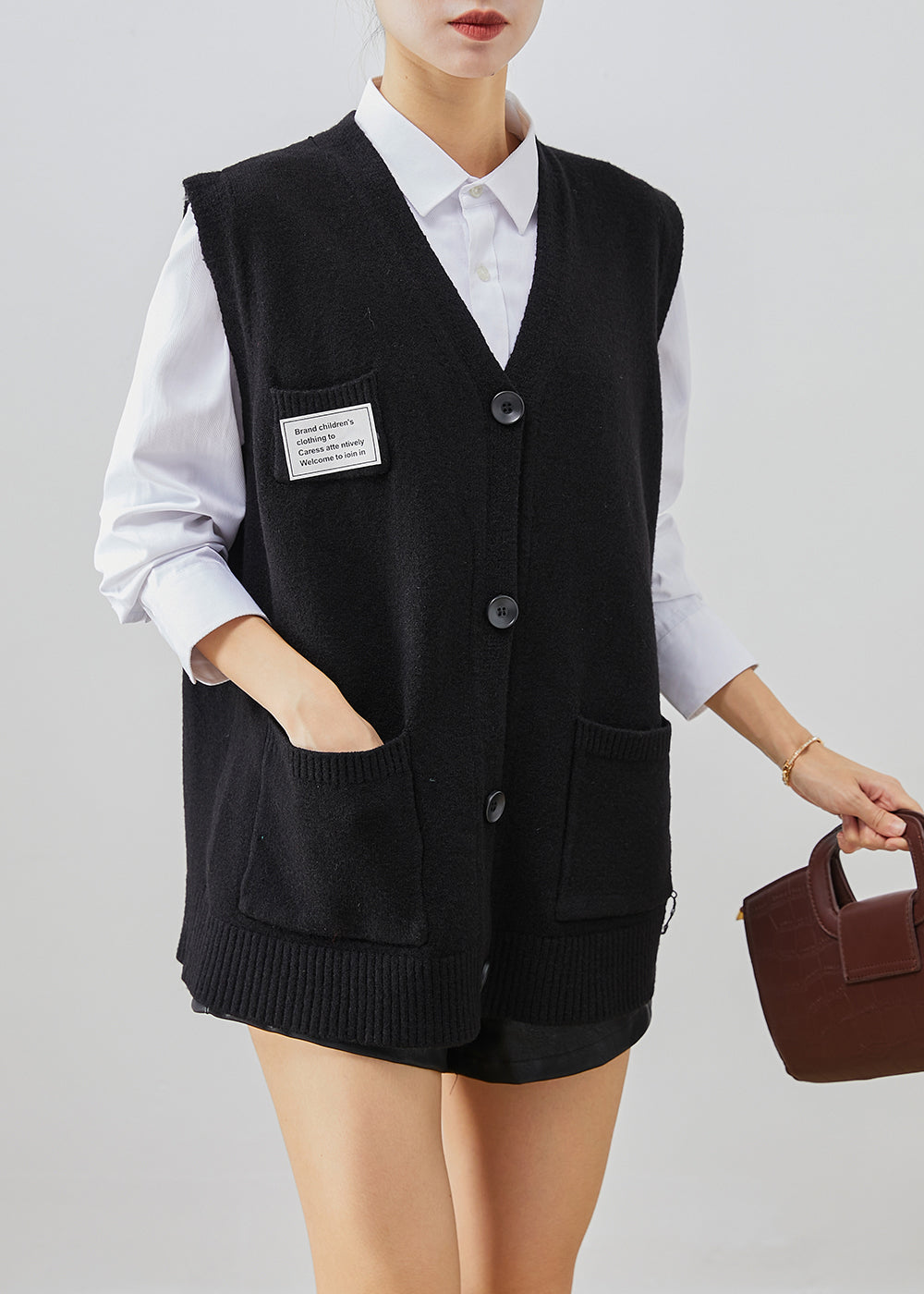 Black Applique Thick Knit Vest Tops Fall