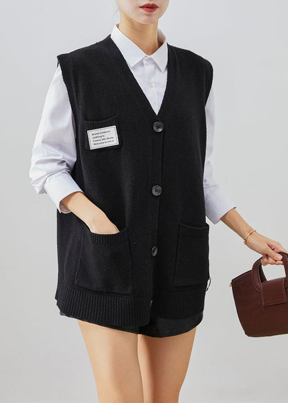 Black Applique Thick Knit Vest Tops Fall