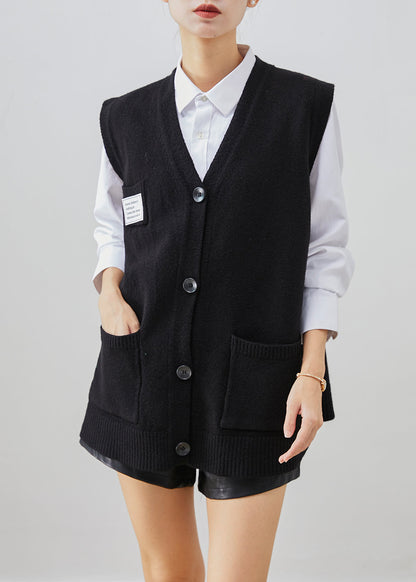 Black Applique Thick Knit Vest Tops Fall
