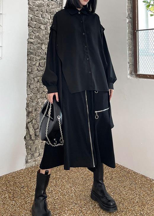 Casual Black Asymmetrical Design Button Shirt Long Sleeve Spring