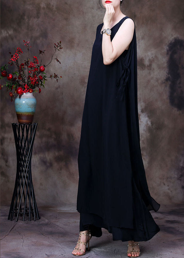 Black Asymmetrical Design Chiffon Long Dresses Sleeveless