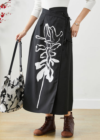 Black Asymmetrical Lace Up Print Cotton Skirts Fall