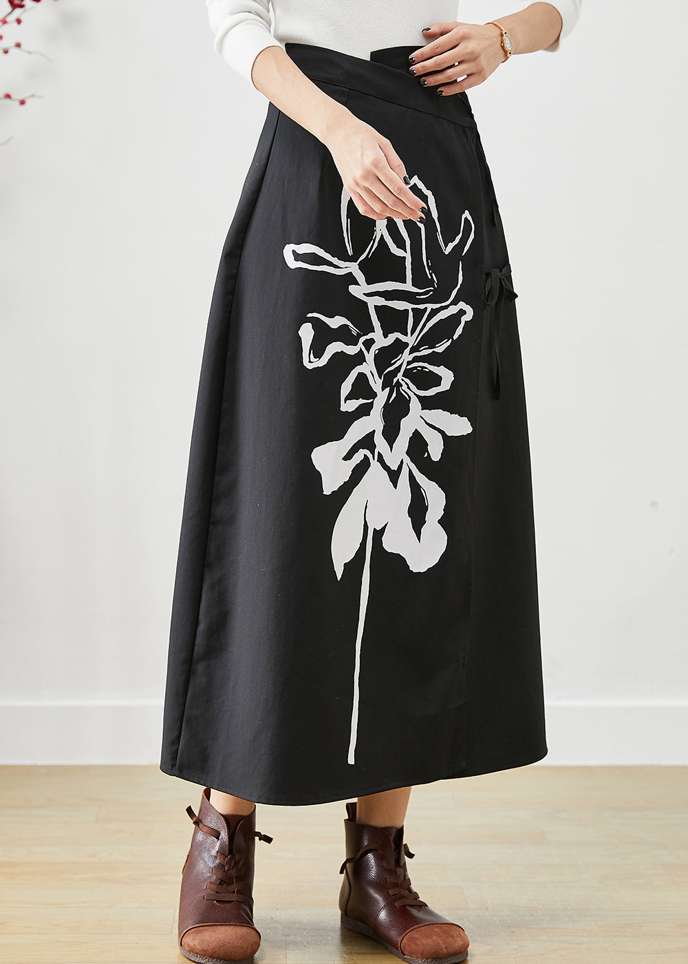 Black Asymmetrical Lace Up Print Cotton Skirts Fall