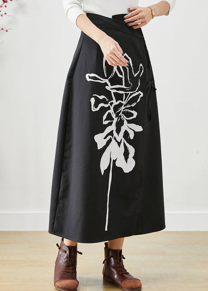 Black Asymmetrical Lace Up Print Cotton Skirts Fall
